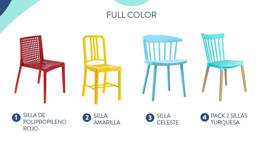 Silla de polipropileno rojo, silla amarilla, silla celeste y sillas turquesa