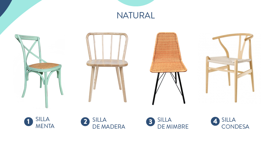 Sillas de estilo natural: silla de color menta, silla de madera, silla de mimbre y silla condesa