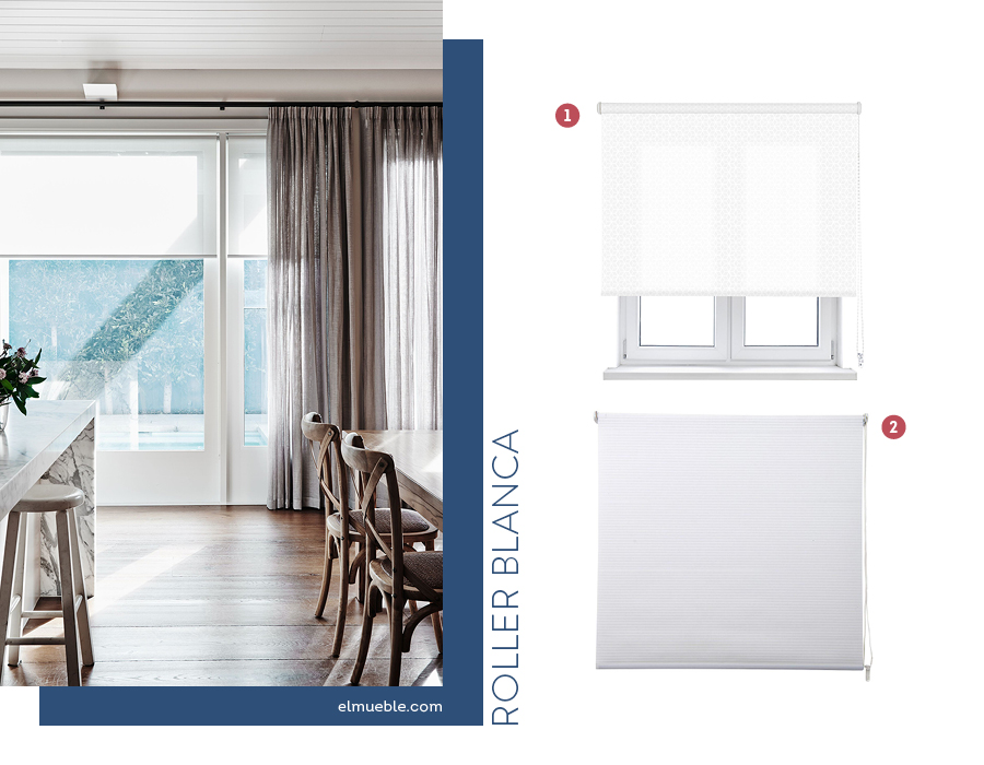 Moodboard de cortinas roller blancas disponibles en Sodimac junto a una foto de una cocina comedor con una ventana con cortina roller blanca combinado con una cortina de tela gris.