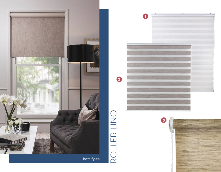 Moodboard de cortinas roller lino disponibles en Sodimac junto a una foto de un living con una ventana con marcos blancos con cortina enrollable roller lino color gris.