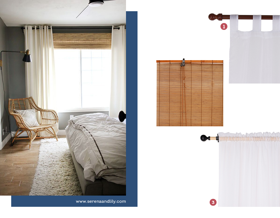 Moodboard de cortinas de tela, rolle de bambú y velas disponibles en sodimac