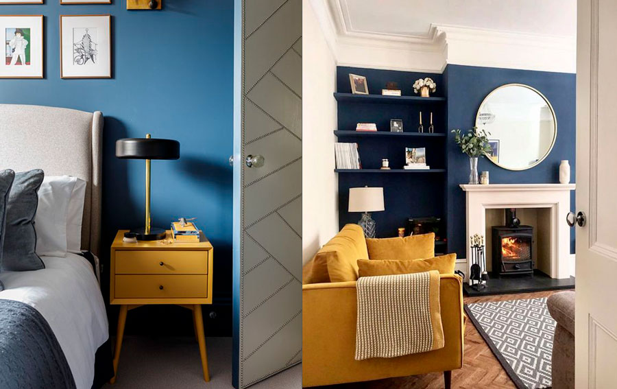 una habitación con paredes azules con un velador en color mostaza y un living con paredes azules y un sofá amarillo ocre