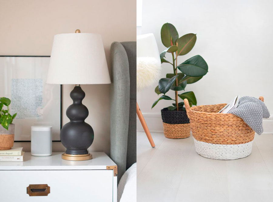 Una lámpara con la base pintada con chalk paint gris oscuro, y dos canastos pintados con chalk paint: uno tiene la parte superior negra y el segundo tiene la parte inferior blanca.