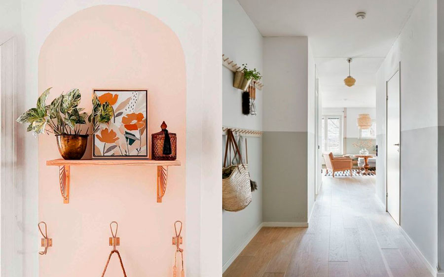 Dos recibidores con partes de la pared pintada con pintura tizada, una con un arco rosa y estante con plantas, cuadros y adorno, y otra con la parte inferior pintada con pintura gris.
