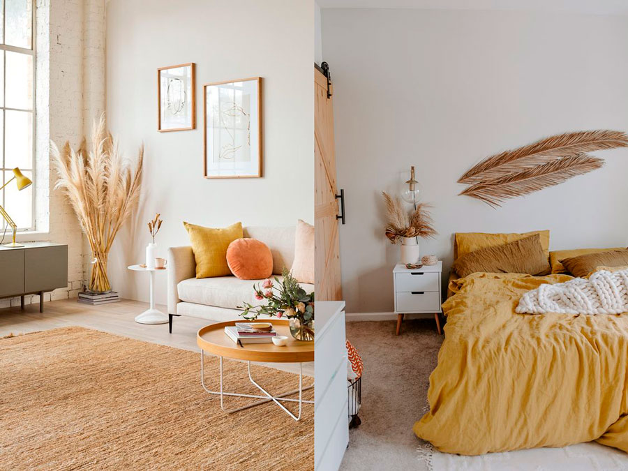 un living con detalles decorativos en amarillo mostaza y una habitación con un cubrecama amarillo