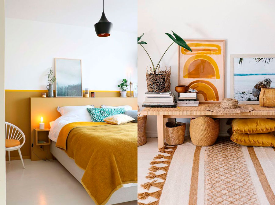 una habitación con decoración en colores amarillos en tonos mostaza y amarillo ocre, además de decoración en fibras naturales