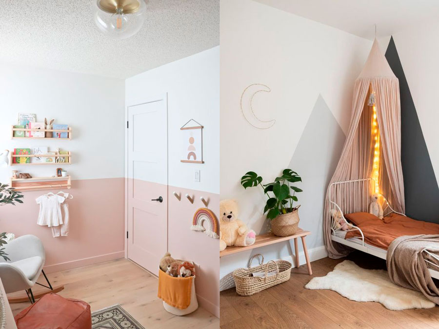 Dos dormitorios infantiles con partes de la pared pintadas con chalk paint. En la primera, la mitad inferior de la pared está pintada con rosa, y en la segunda hay formas geométricas grises.