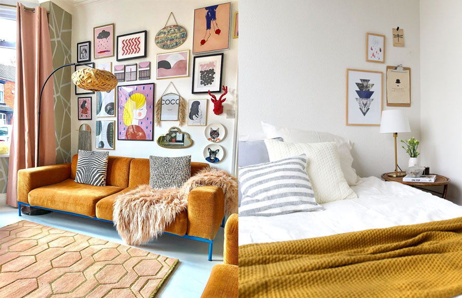 un living con un sofá en tonos mostaza y una habitación con un cubrecama amarillo ocre
