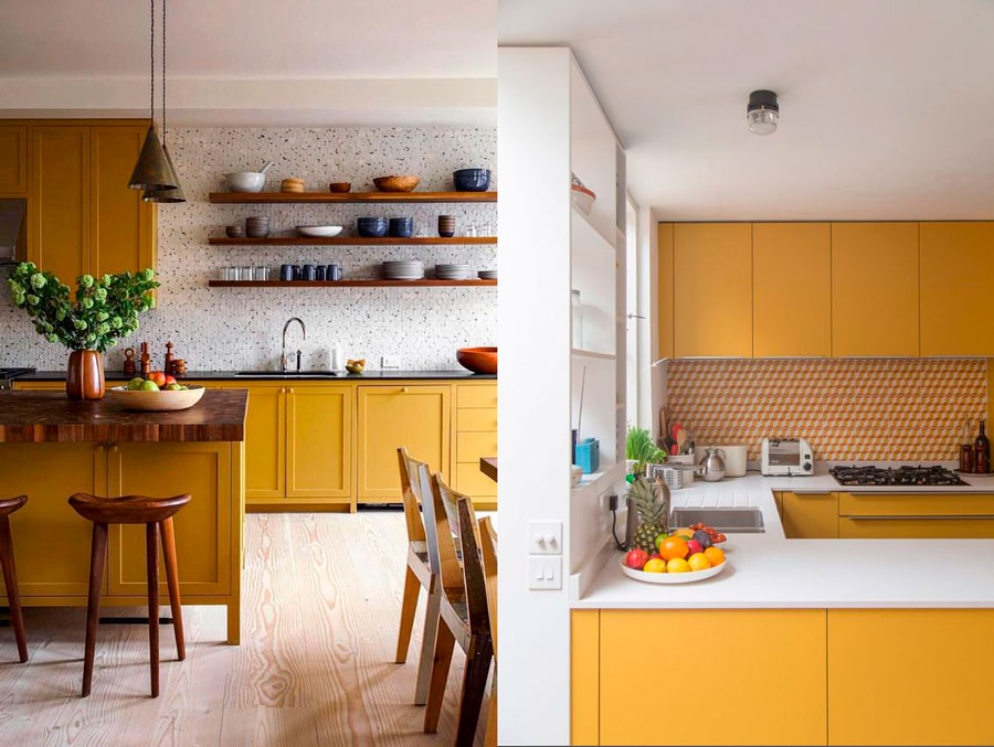 dos cocinas con muebles en tono amarillo ocre que combina con cubiertas y pisos de tonos neutros