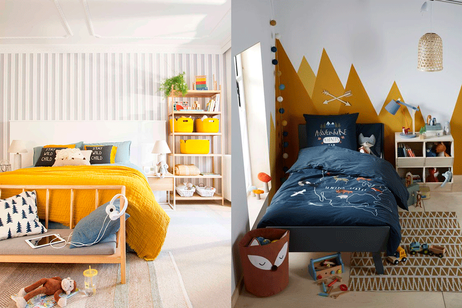 dos dormitorios infantiles que combinan decoraciones en colores amarillo ocre y mostaza