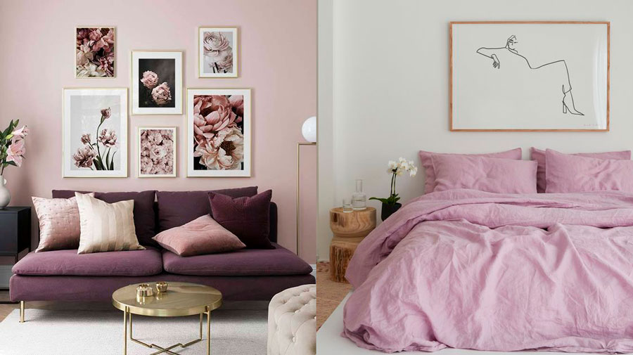 Living y dormitorio decorado con tonos malva y lila, el living su pared es lila y tiene un sofá velvet malva, mientras que la cama del dormitorio está vestido con ropa de cama color lila.