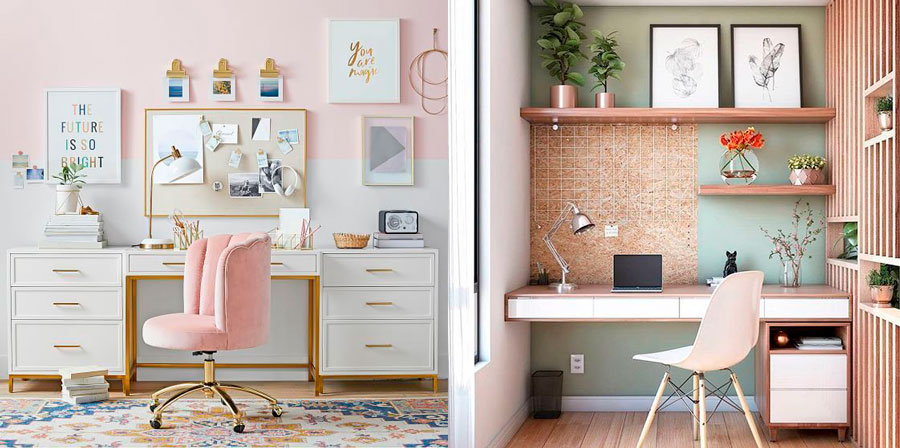 Dos oficinas en casa con la pared pintada con chalk paint. La primera la pared está pintada con rosa y blanco, mientras que la segunda está pintada con verde.  