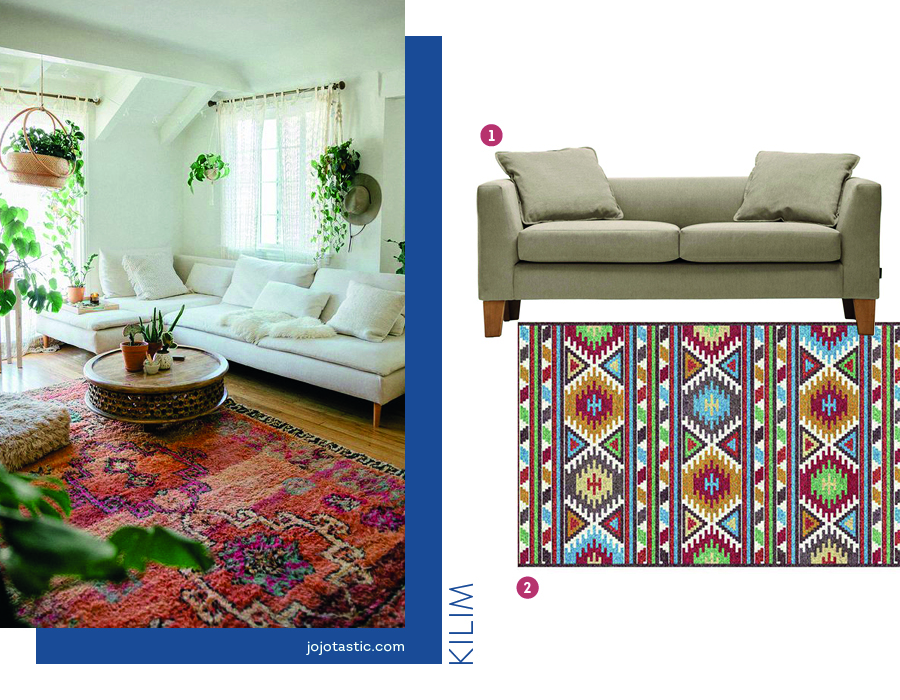 Moodboard de sofás y alfombras disponibles en Sodimac junto a una foto de un living con un sofá blanco, una mesa de centro redonda de madera y una alfombra kilim.