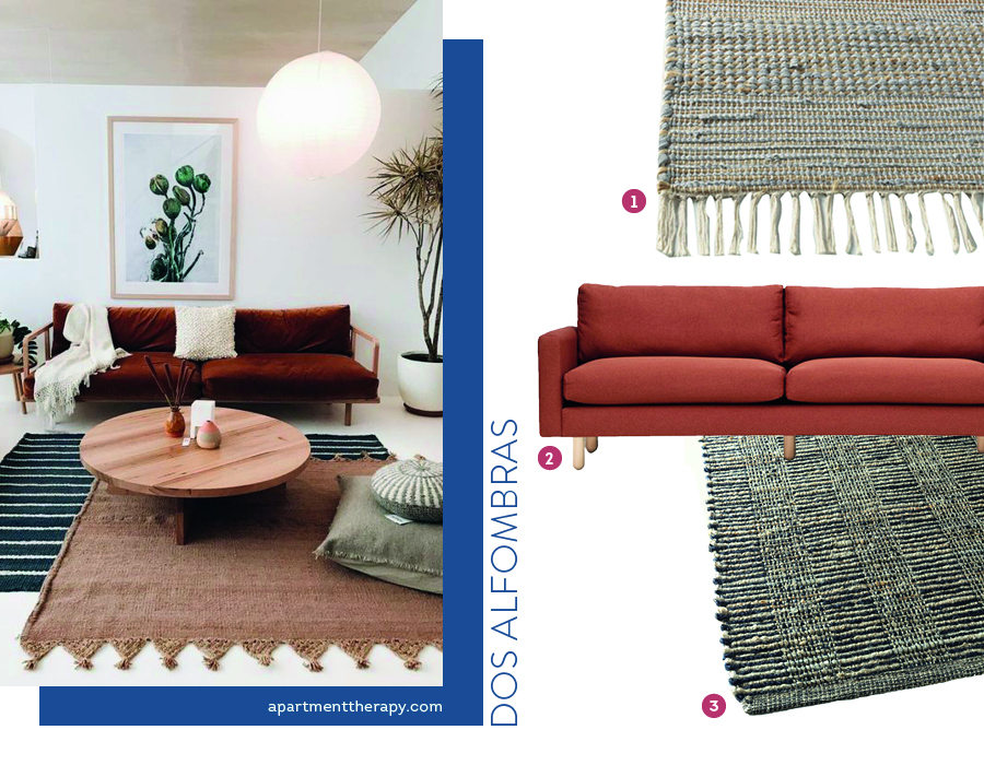Moodboard de sofás y alfombras disponibles en Sodimac junto a una foto de un living con un sofá color terracota, una mesa de centro y dos alfombras: una tejida de color arena y otra con patrones horizontales blanco y negro.