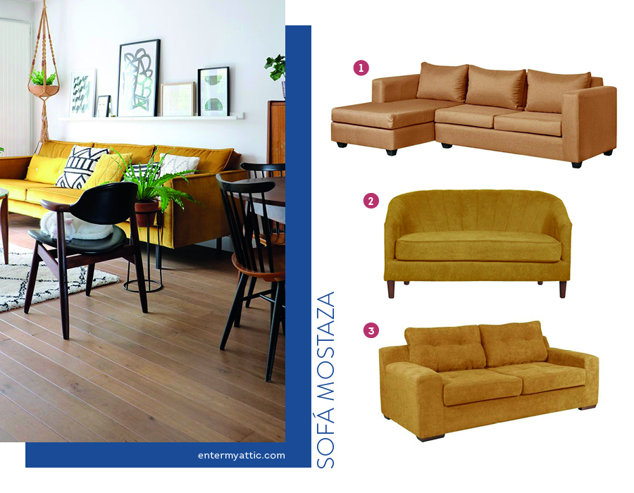 Sillones color mostaza disponibles en Sodimac, con una foto de un living con paredes blancas, un sofá color mostaza y un estante con cuadros de diferentes tamaños.