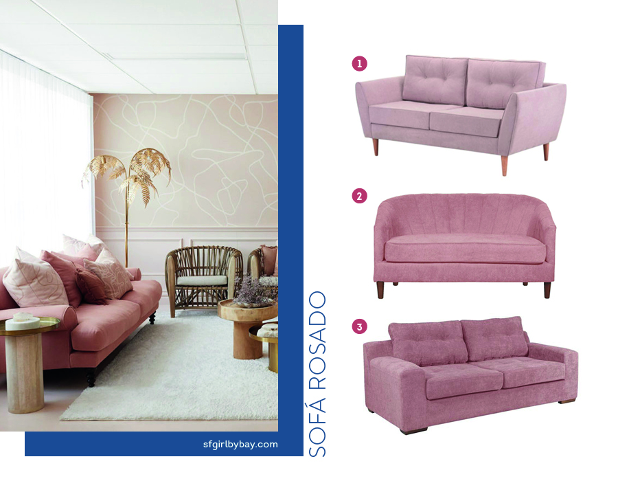 Moodboard de sofás rosados disponibles en Sodimac, junto a una foto de un living con una pared de acento color rosa, un sillón rosa, mesas de centro y laterales de madera y poltronas de fibra natural.