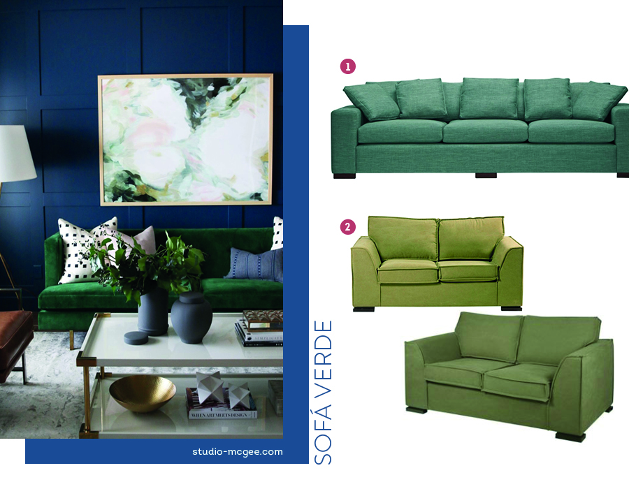 Moodboard de sofás color verde disponibles en Sodimac, y una foto de un living con paredes color azul oscuro, un sofá verde y una mesa de centro blanca.