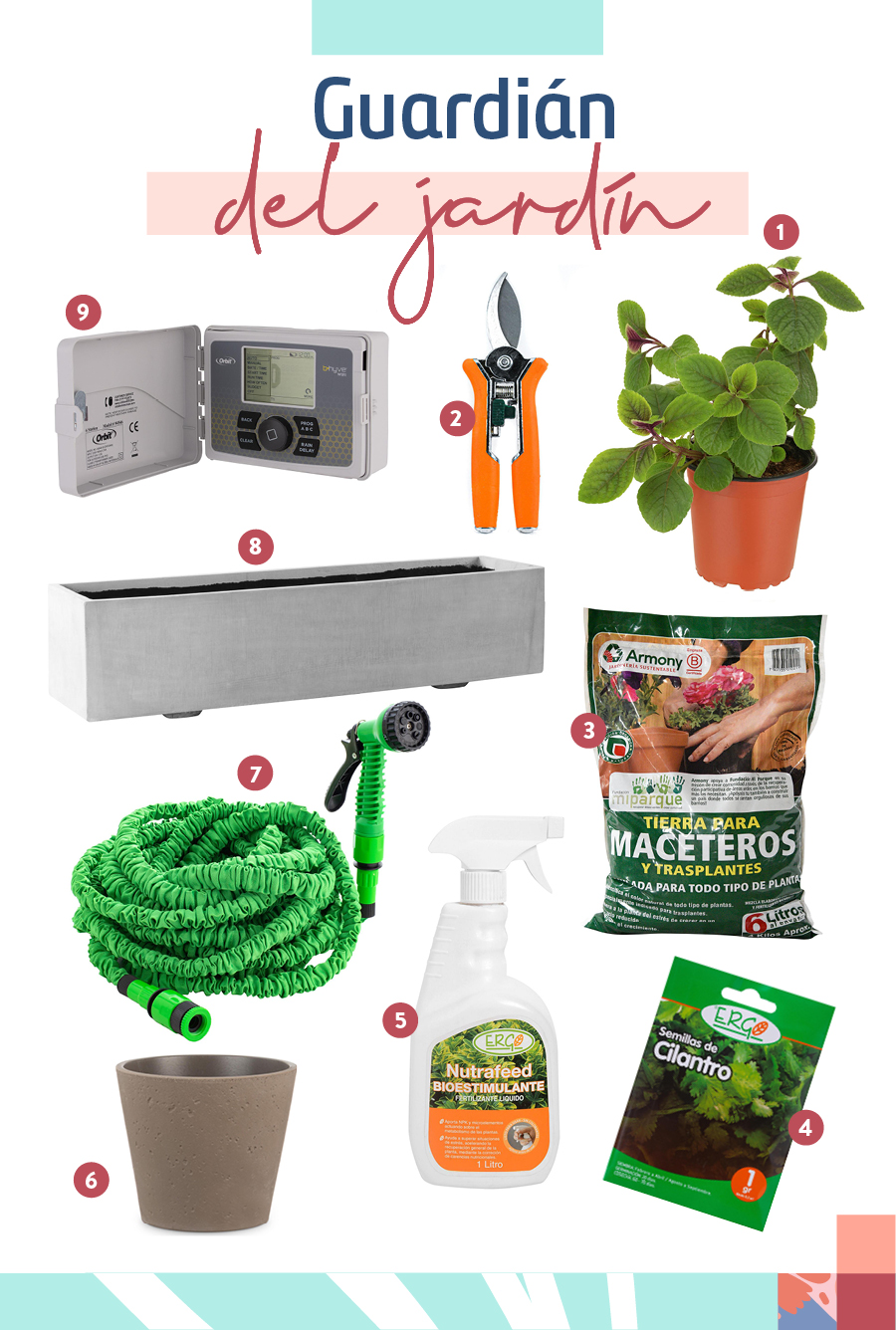 Regalos para el "Guardián del jardín" Selección de regalos para el "Guardián del jardín": 1-Planta dólar negro / 2-Tijera poda / 3-Tierra para maceteros / 4-Semillas de cilantro / 5-Bioestimulante crecimiento / 6-Macetero cerámica piedra / 7-Manguera extensible / 8-Jardinera de cemento / 9-Programador de riego