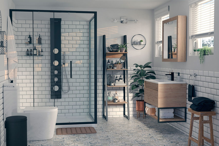 En este baño decorado en el estilo industrial, destaca la ducha con mampara de vidrio.