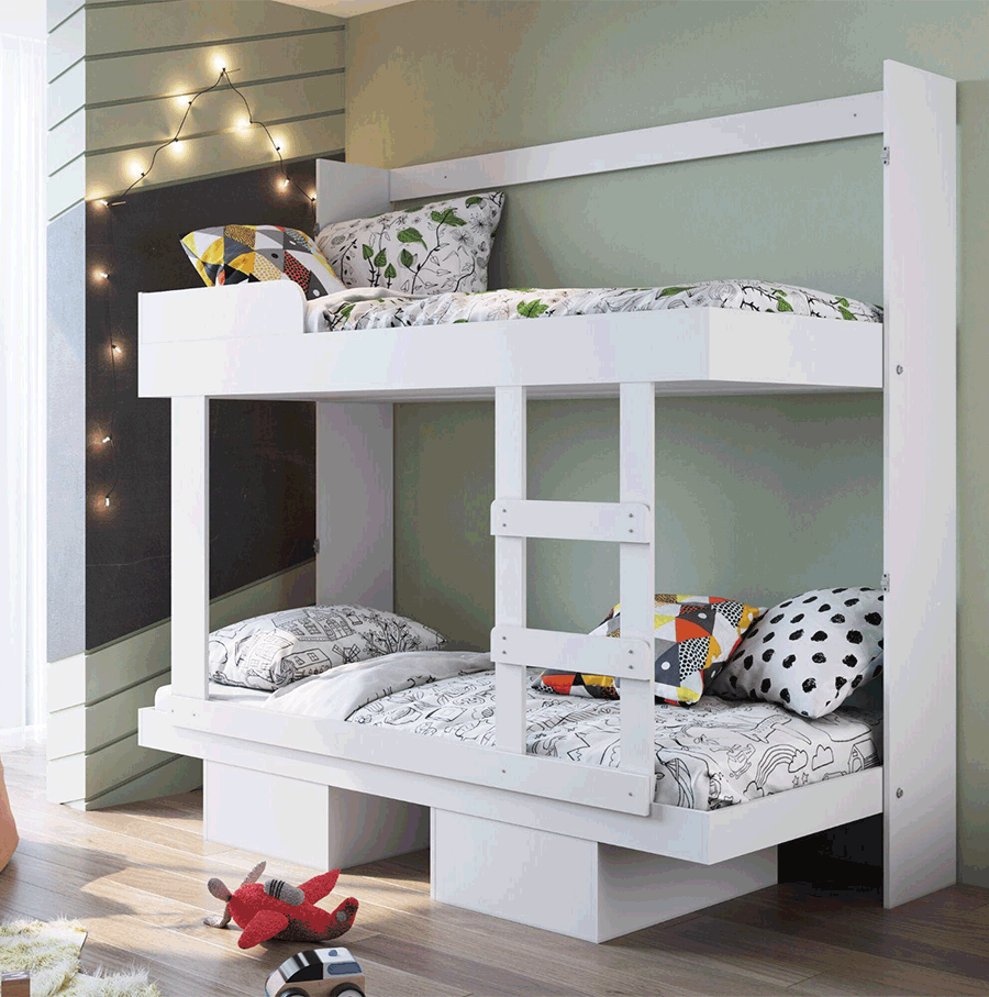 Un camarote infantil de color blanco en un dormitorio para niños plegable y multifuncional