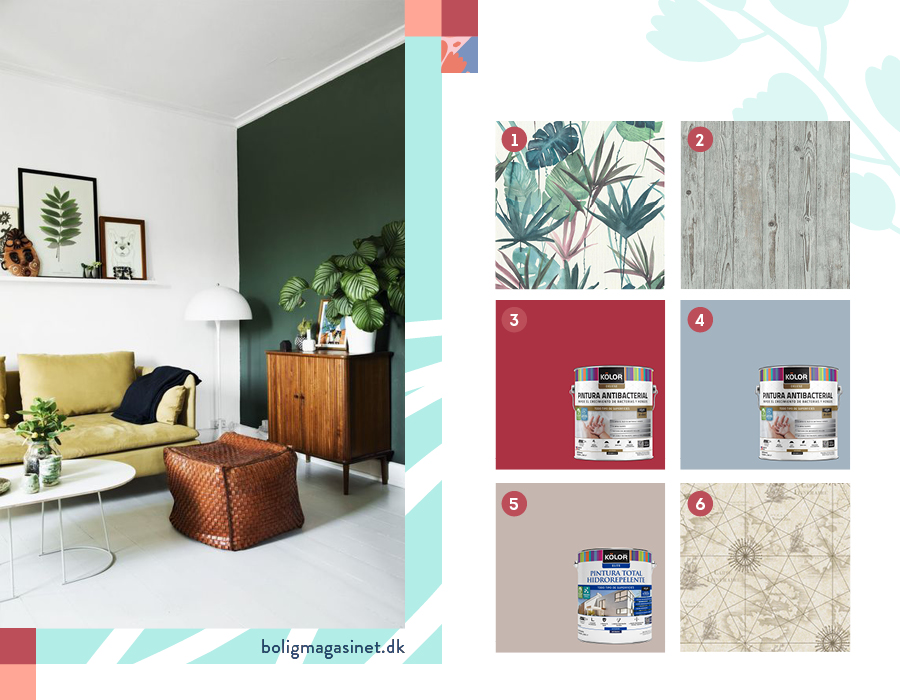 Un muro protagonista En la imagen se muestran papeles decomurales con diseño botánico y de mapa, y pinturas en tonos rojos y grisáceos.