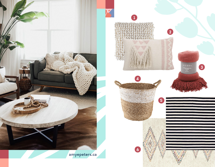 Decoración acogedora para living En la imagen se muestran ideas para decorar el living de una forma cálida y acogedora, como cojines en tonos crudos y cestos hechos con fibras naturales.