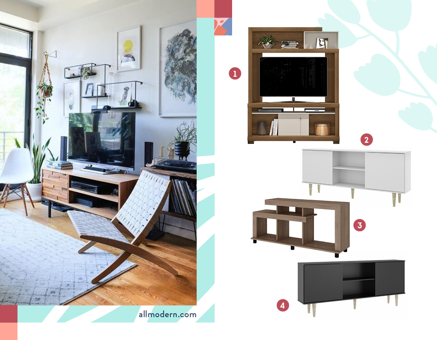 Se muestran diferentes muebles de tv modernos y racks para decorar un living, como el rack home laguna café, rack siena blanco, rack caramelo y un rack negro.