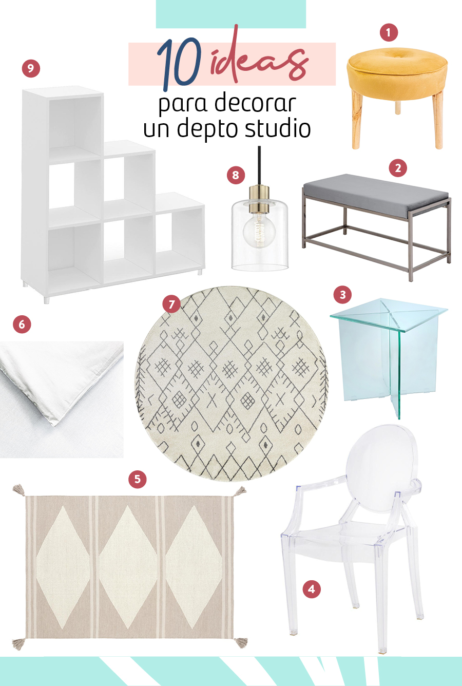 Moodboard de muebles y decoraciones para decora run home studio disponibles en Sodimac.