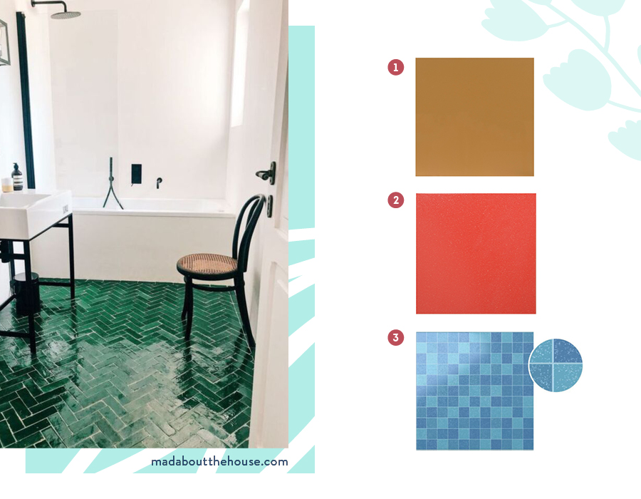 Moodboard con algunos porcelanatos disponibles en Sodimac, seguido por una foto de un baño con el suelo de porcelanato verde esmeralda y con paredes, lavamanos y tina blancas. 