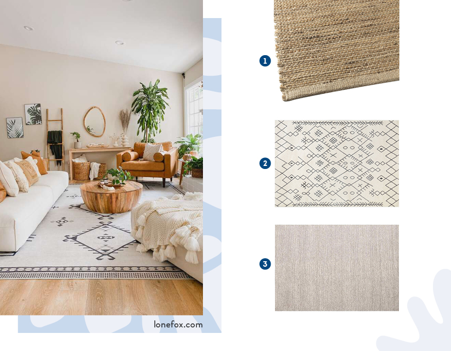Moodboard con 3 tipos de alfombras Sodimac para el living o sala de estar