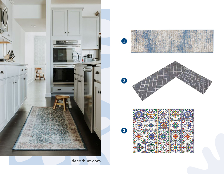Moodboard con una foto de una cocina de muebles blancos y piso negro. Sobre él hay una alfombra alargada de tonos azulados. Al lado hay una imagen de 3 tipos de alfombras Sodimac para la cocina.