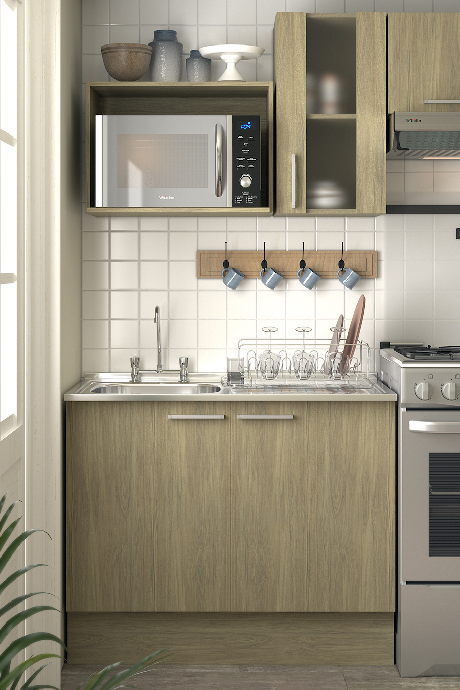 Mueble de cocina de madera con lavaplatos incorporado. Los muebles superiores tienen espacio para guardar utensilios y electrodomésticos, como un microondas. A su costado se ve parte de una cocina y su respectiva campana.