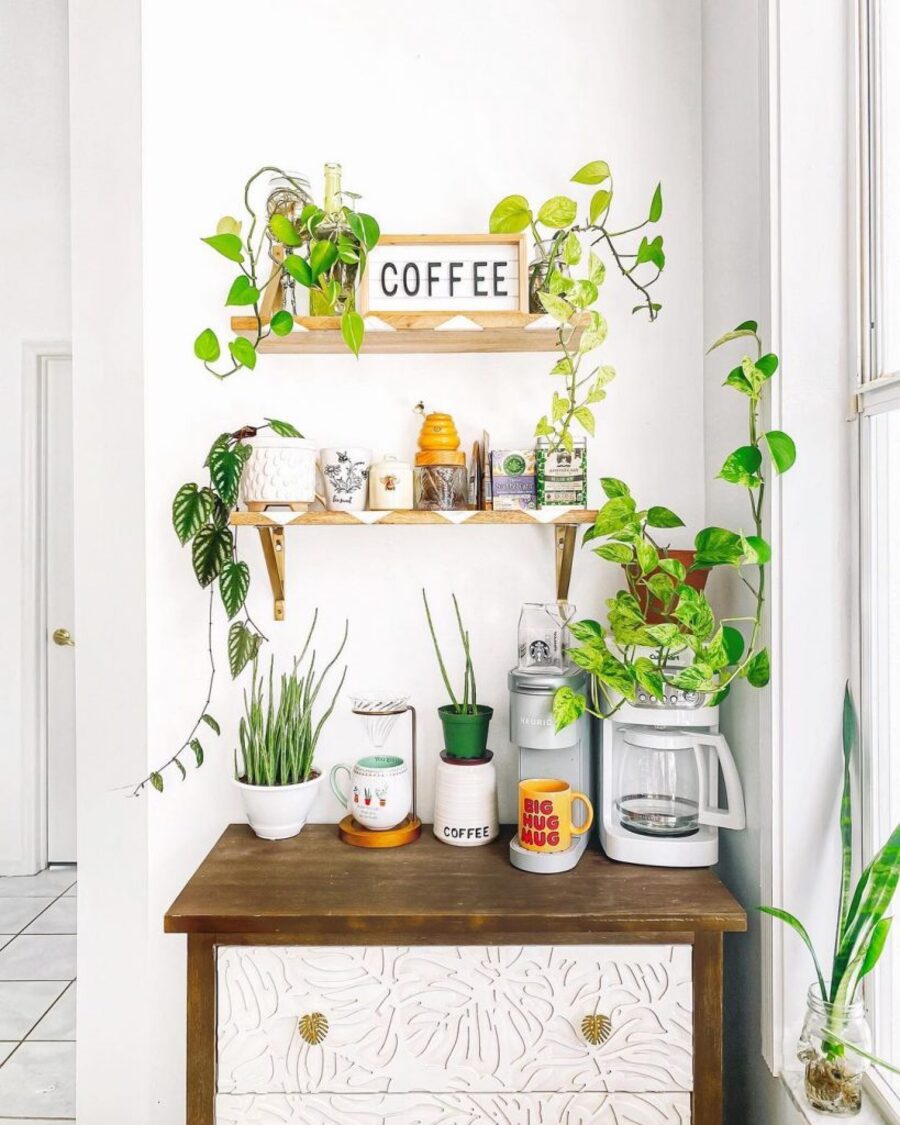 Rincón de café con un mueble de madera y cajones blancos. Sobre él hay una cafetera blanca, tazas y plantas. En la pared hay dos repisas flotantes con plantas colgantes y complementos para la estación de café.