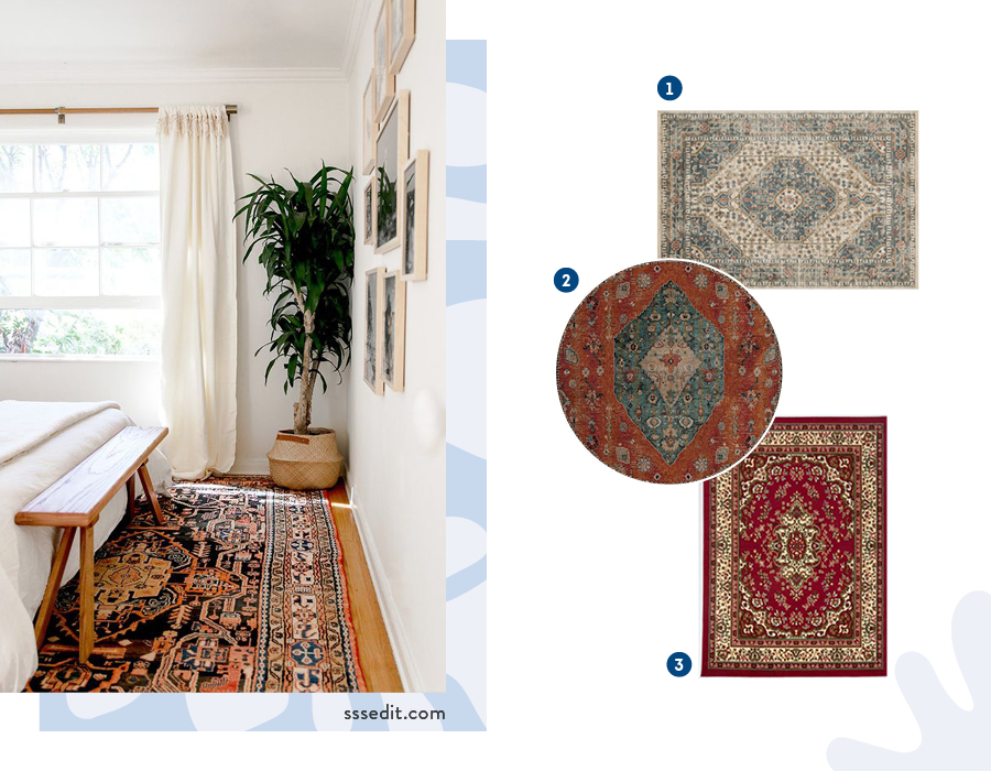 Moodboard de inspiración con alfombras orientales disponibles en Sodimac