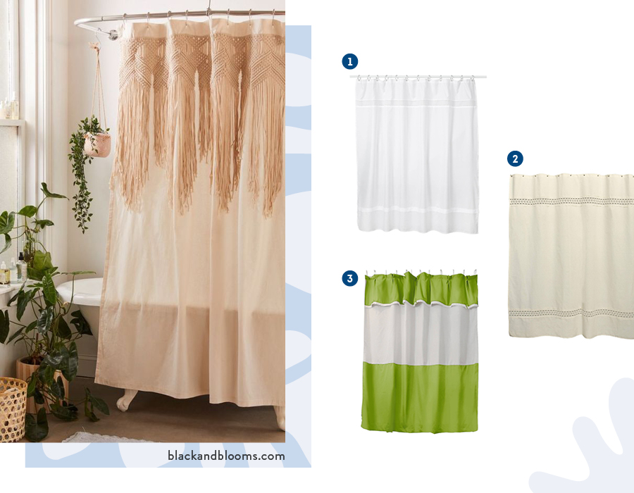 Moodboard de inspiración con cortinas de baño de tela y confección disponibles en Sodimac