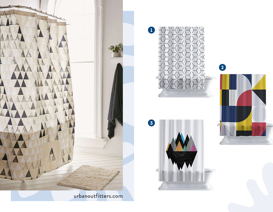 Moodboard de inspiración con cortinas de baño con patrones geométricos disponibles en Sodimac