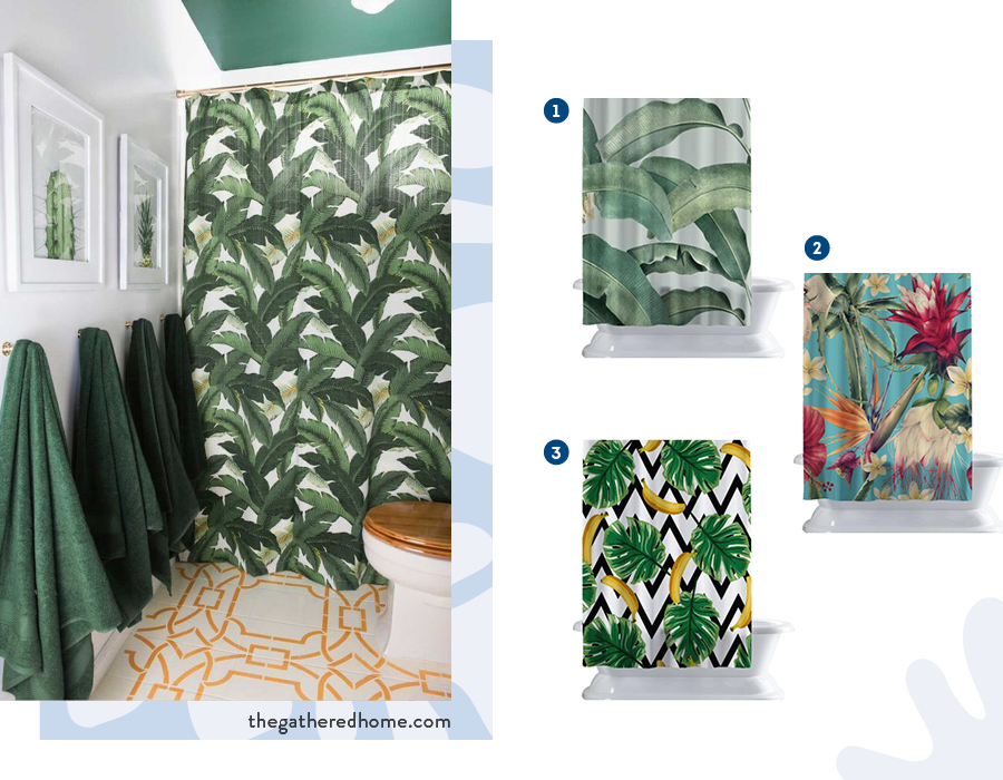 Moodboard de inspiración con cortinas de baño con diseños tropicales disponibles en Sodimac