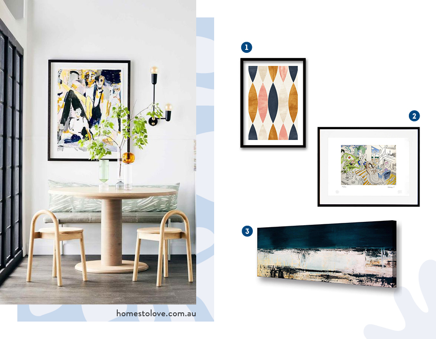 Moodboard de inspiración con cuadros disponibles en Sodimac, junto a una foto de una mesa de comedor redonda, sillas de madera, una banca con cojines celestes y un gran cuadro en la pared.