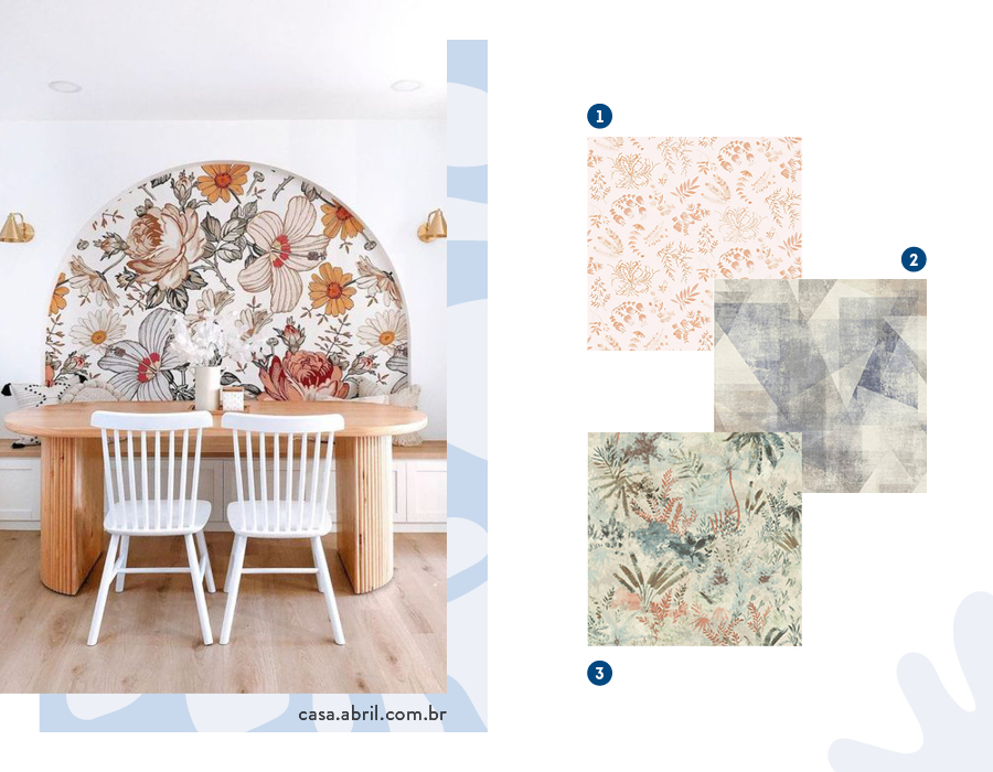 Moodboard de inspiración con papeles murales disponibles en Sodimac, seguido por una foto de una mesa de comedor de madera, sillas blancas y una pared blanca con un arco con papel mural de flores en tonos tierra.