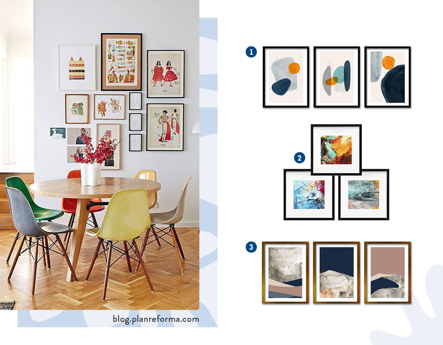 Moodboard de inspiración con tríos de cuadros disponibles en Sodimac para el comedor, seguido por una foto de una mesa de comedor redonda, sillas de colores y una composición de cuadros con ilustraciones.
