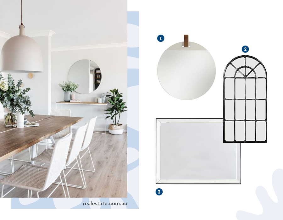 Moodboard de inspiración con espejos disponibles en Sodimac, seguido por una foto de una mesa de comedor de madera, sillas blancas y un arrimo al fondo. Sobre él hay un gran espejo redondo que da dimensión y profundidad al espacio.