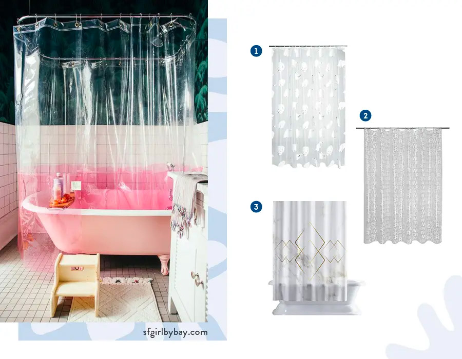 Moodboard de inspiración con cortinas de baño de PVC disponibles en Sodimac