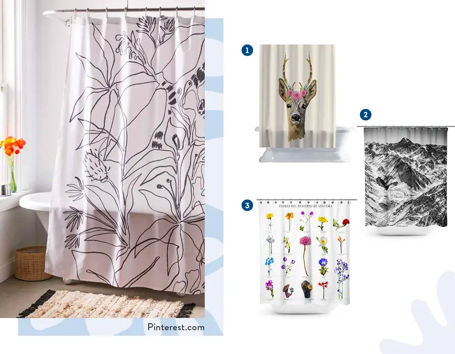 Moodboard de inspiración con cortinas de baño ilustradas disponibles en Sodimac