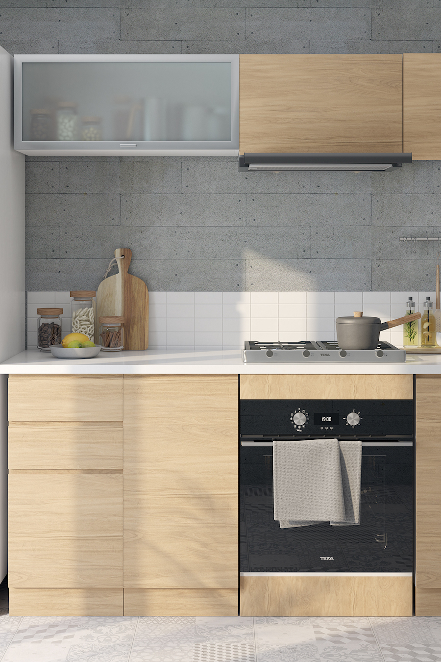 Detalle de una cocina moderna con muebles de madera clara sin manillas, muros de concreto y azulejos blancos. 