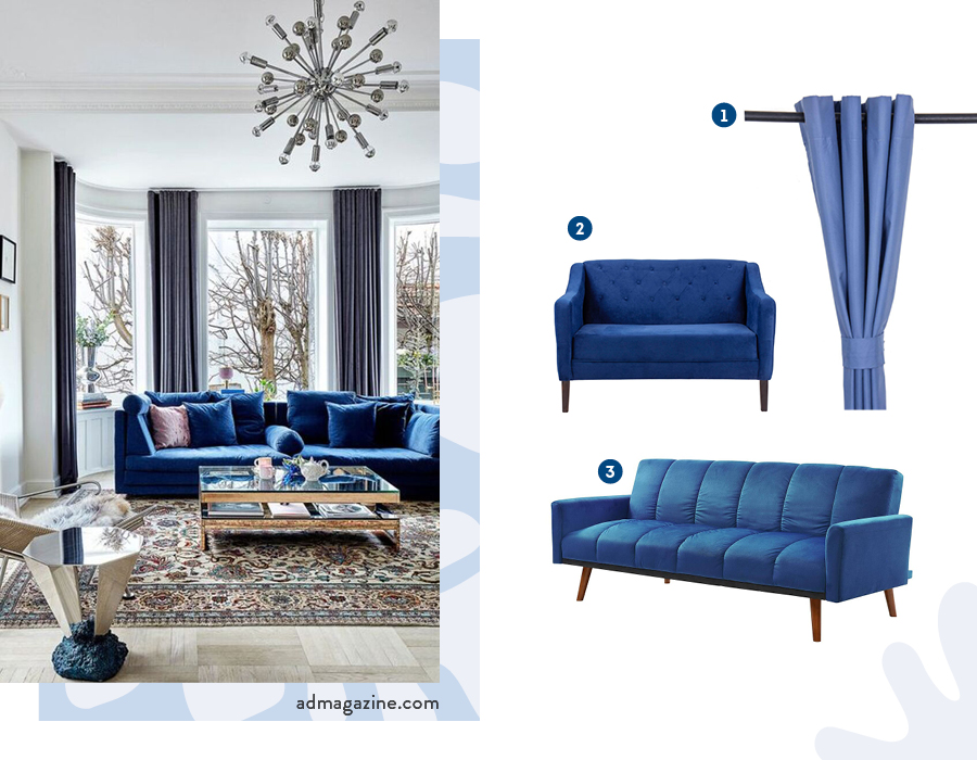 Moodboard de inspiración con una cortina azul y dos sofás azules disponibles en Sodimac, seguido por una fotografía de una sala de estar con un sofá azul y una mesa de vidrio frente a una ventana con cortinas azules.