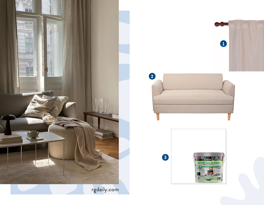 Moodboard de inspiración con una cortina beige, sofá beige y pintura blanca disponibles en Sodimac, seguido por una foto de un living con paredes blancas, combinadas con un sofá, sitial y mesa de centro beige.