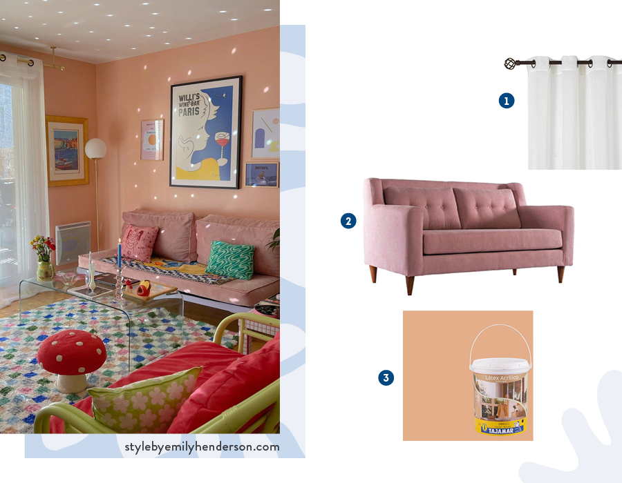 Moodboard de inspiración con una cortina blanca, sofá rosado y pintura damasco disponibles en Sodimac, seguido por una foto de un living con paredes color damasco combinado con cortinas blancas, un sofá rosado, poltrona fucsia y alfombra multicolor.