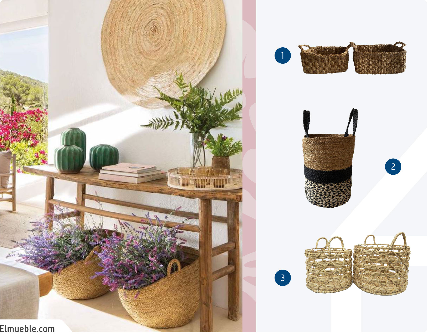 Moodboard de inspiración con diferentes canastos y cestas de fibras naturales disponibles en Sodimac y una foto de una terraza con 2 canastos en cuyo interior hay flores.
