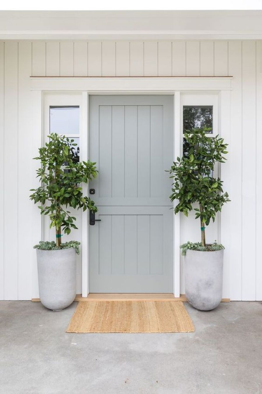 Casa de muros blancos de madera, puerta de entrada gris y mamparas a ambos costados. Frente a las mamparas hay dos maceteros grises con plantas en su interior. Como limpiapiés hay una alfombra de yute. 