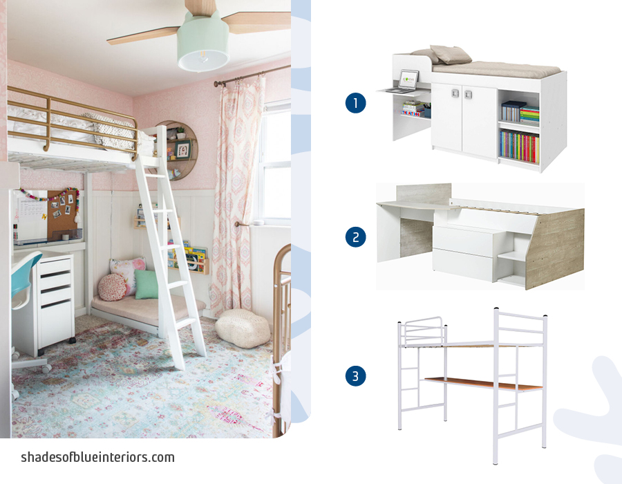 Moodboard de inspiración con 3 camas con escritorios incluídos disponibles en Sodimac junto a una foto de una habitación con paredes rosa y blancas, con una cama con escritorio de tonos blancos y dorados.